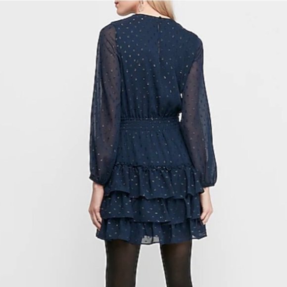 Express Clip Dot Dress Smocked Tiered Long Sleeves Mock Neck Size XS New w/Tag - Picture 4 of 11